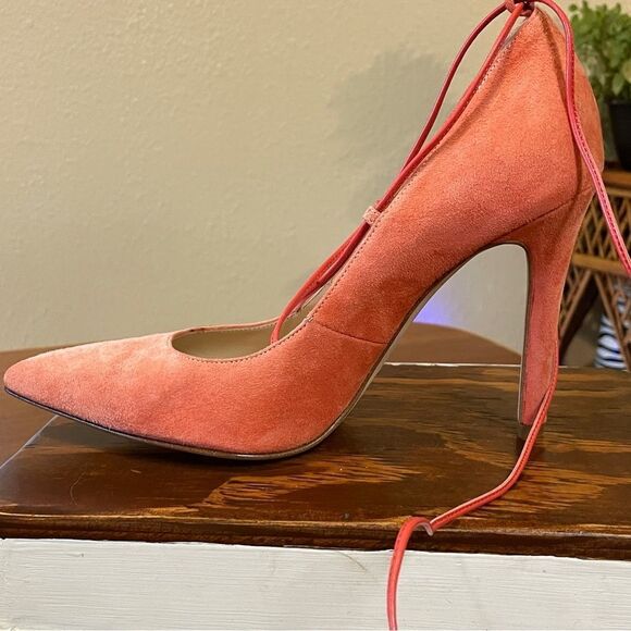 Clef Genuine Suede Leather Stiletto Pumps Made in Italy Coral Ankle Lace - Picture 4 of 13